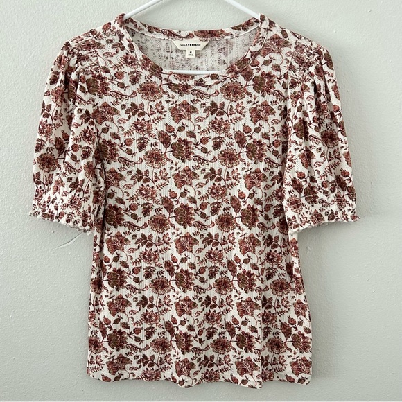 Lucky Brand Pointelle Floral Puff Sleeve Top Women’s M Boho Shirt Cottagecore - Picture 3 of 12